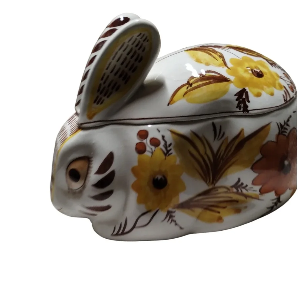Vintage SECLA Portugal Bunny‎ Covered Dish Hand Painted Floral Rabbit